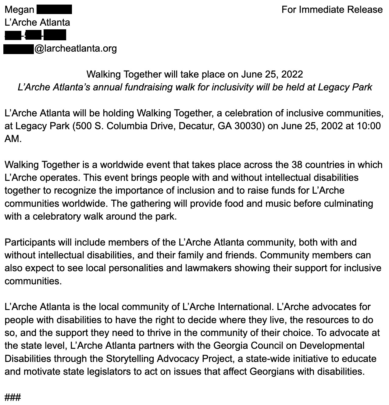 Release Copy PR: L’Arche Atlanta press release – Copy by Karisa