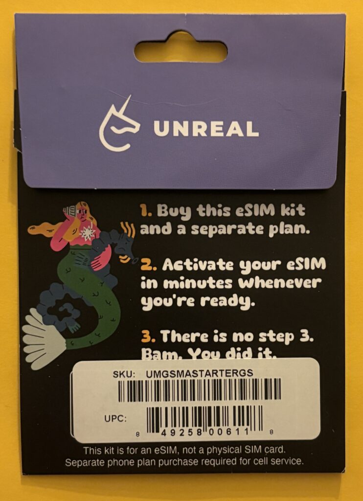 Unreal Mobile eSIM kit - back view