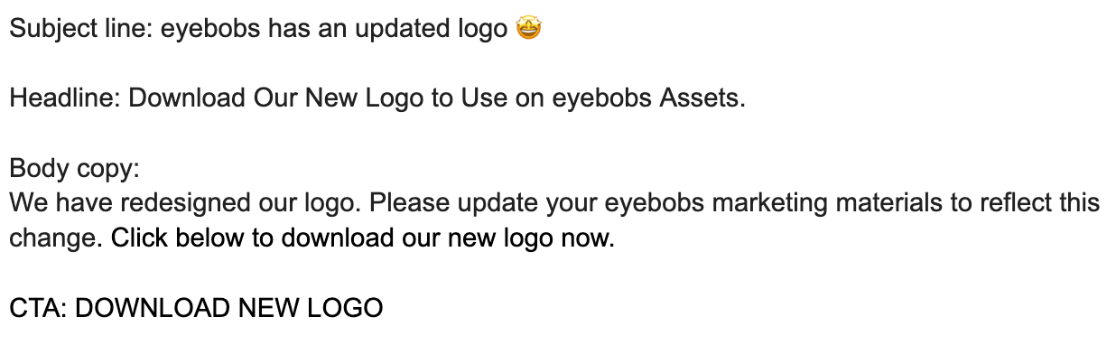 This is a screenshot of the text of an email to wholesalers created for eyebobs. If you need a version for a screenreader, please contact me through my contact form.