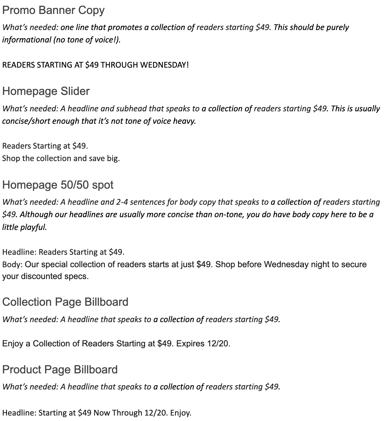 This is a screenshot of the text of a set of site promotional banner copy for eyebobs' collection sale campaign. If you need a version for a screenreader, please contact me through my contact form.