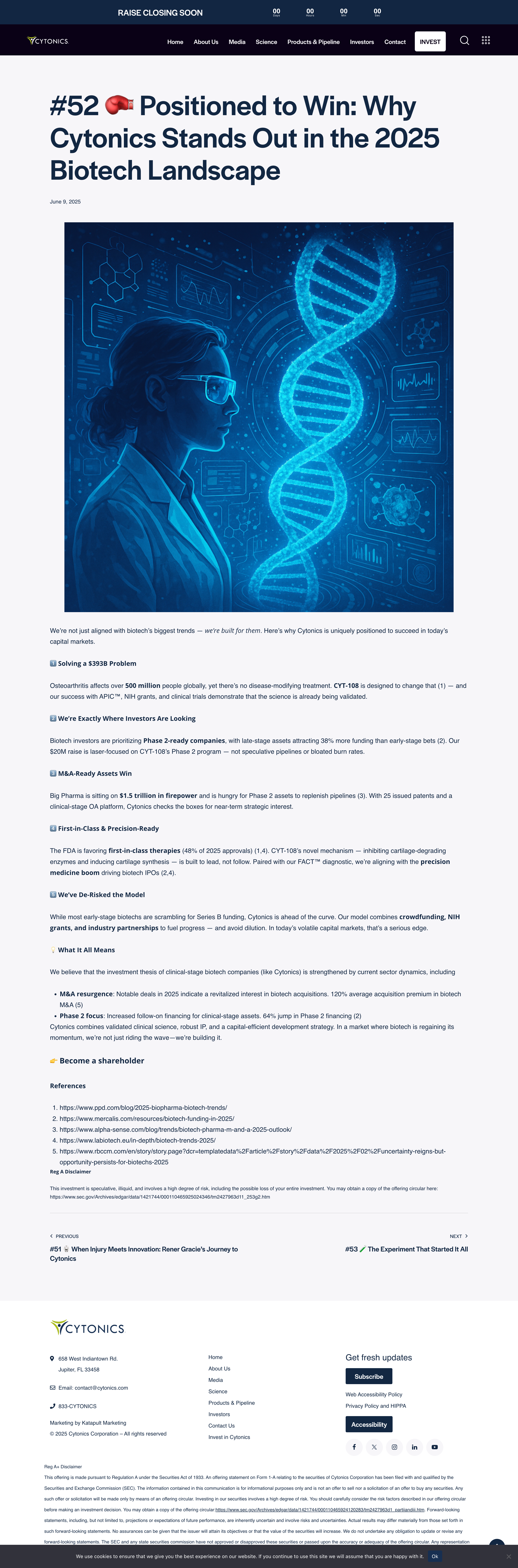 A screenshot of the Cytonics osteoarthritis drug landing page