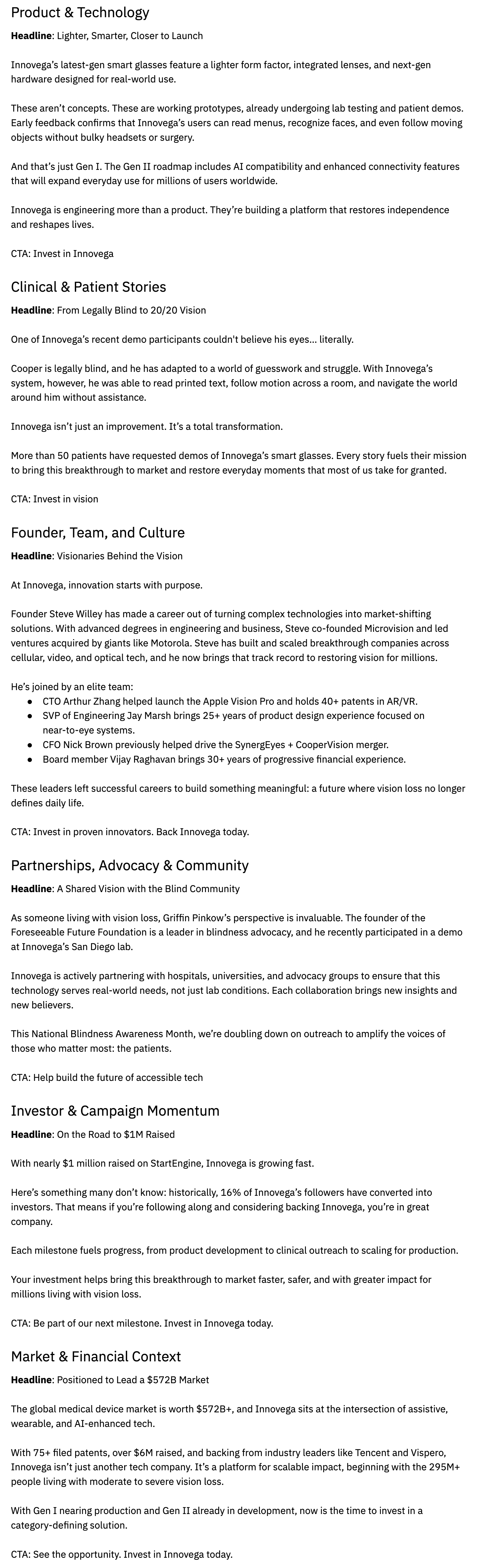 This is a screenshot of the text of a set of updates for Innovega meant to show their recent progress. If you need a version for a screenreader, please contact me through my contact form.